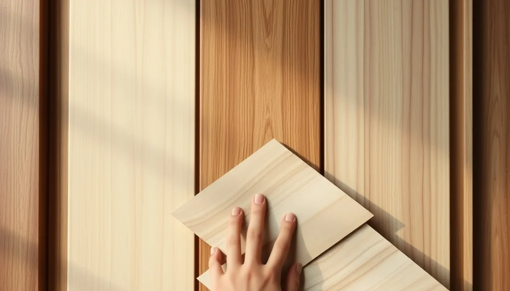 Perbandingan sampel material dan finishing untuk backdrop TV kayu
