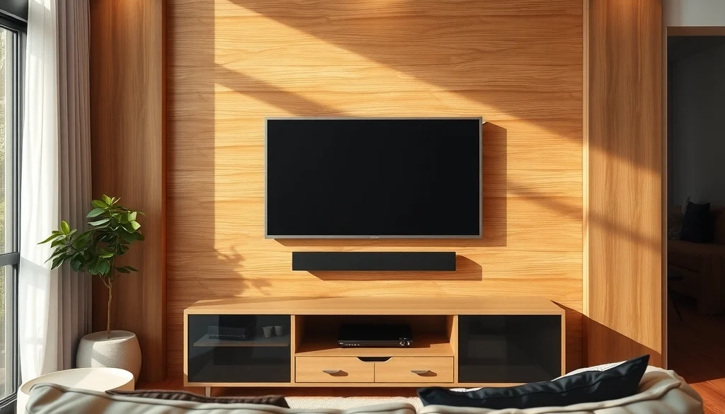 Proporsi panel dinding TV kayu dengan televisi dan kabinet bawah