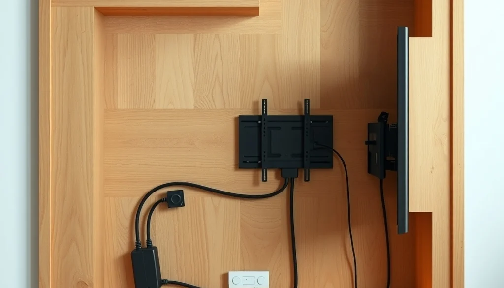 Jalur kabel tersembunyi dan lampu aksen pada panel TV kayu