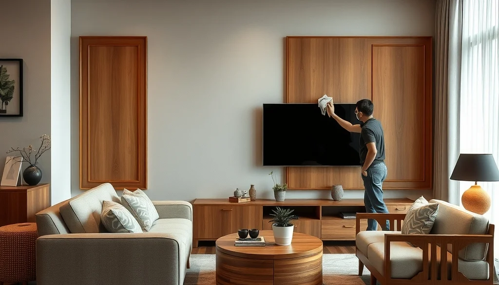Perawatan panel TV kayu dalam ruang keluarga bergaya japandi