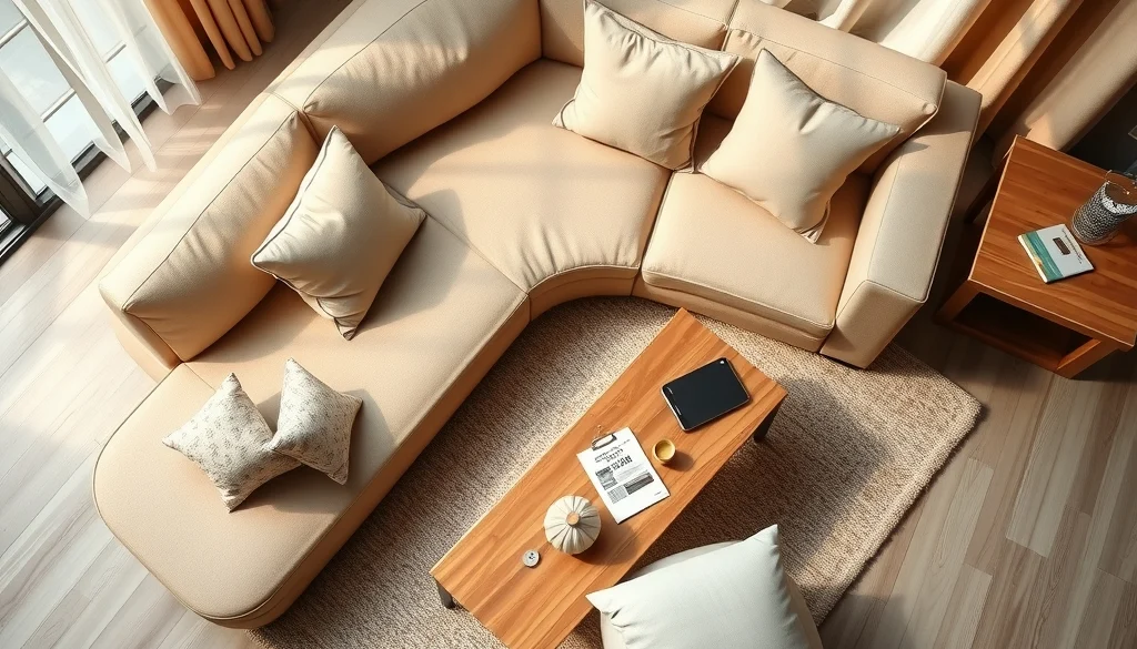 Palet warna netral yang menyatukan sofa kain dengan furniture kayu natural