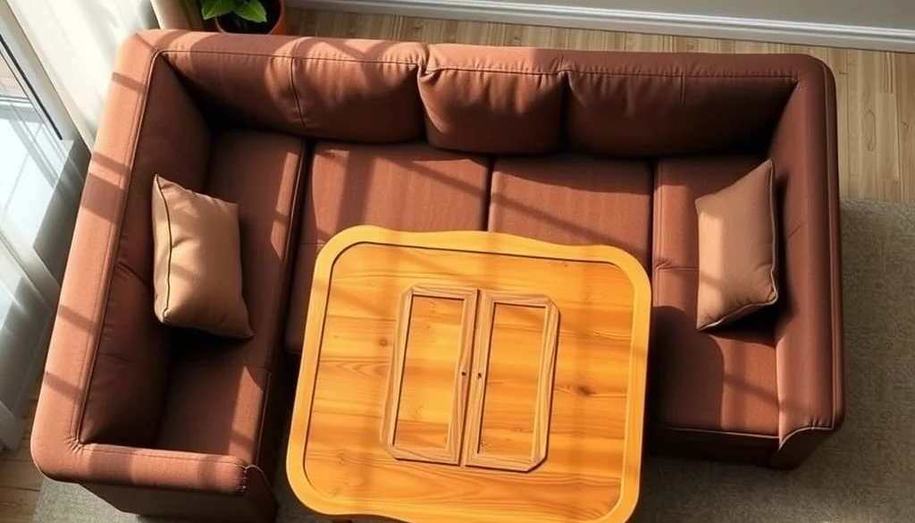 Proporsi sofa kain dan meja kayu yang menyisakan sirkulasi nyaman