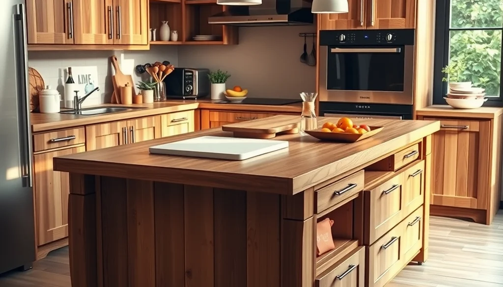Kitchen island kayu digunakan sebagai area persiapan dan penyimpanan dapur