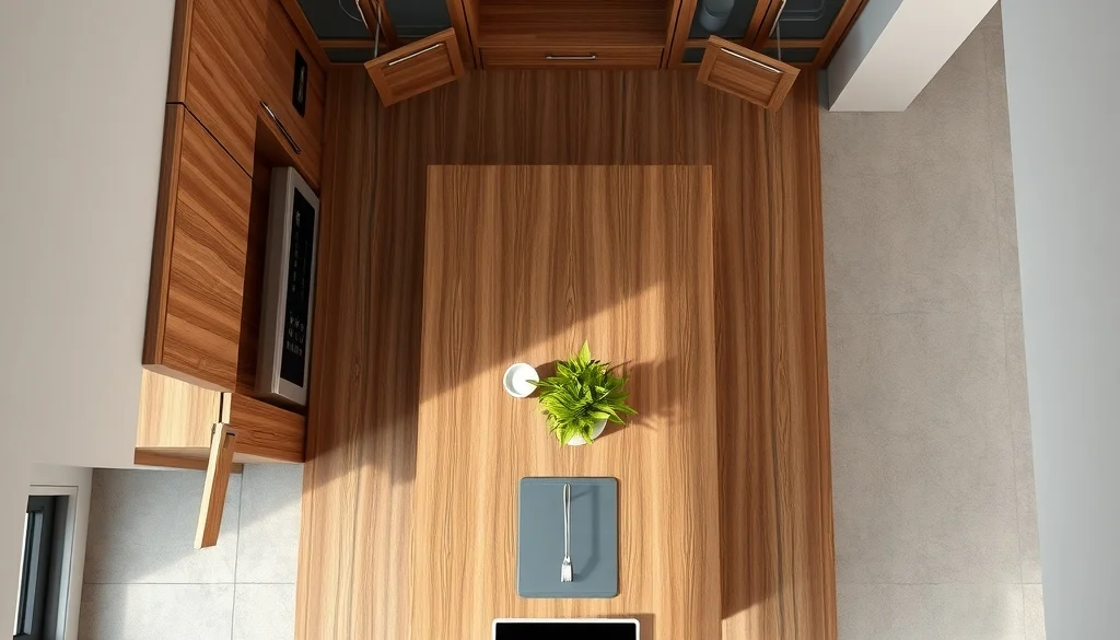 Jarak sirkulasi di sekitar kitchen island kayu direncanakan agar dapur tetap nyaman