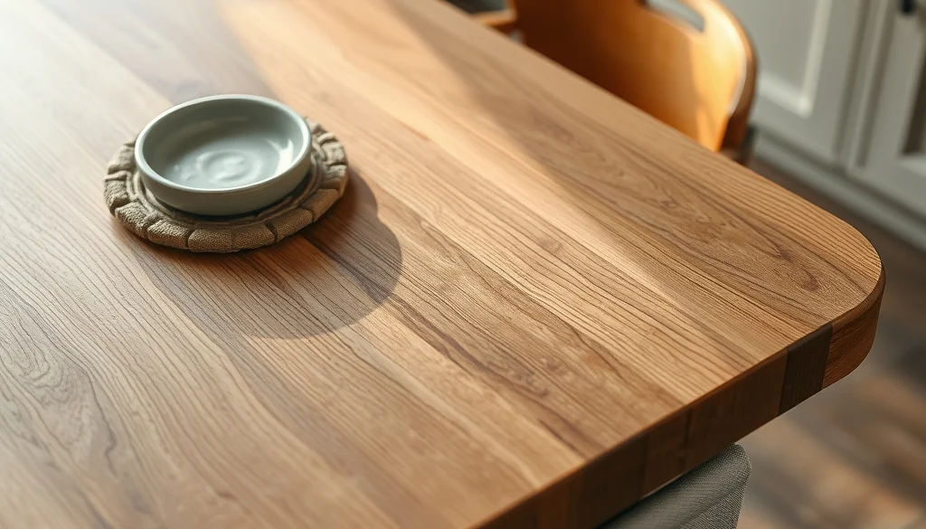 Detail serat dan tepi halus meja dapur kayu dengan finishing pelindung
