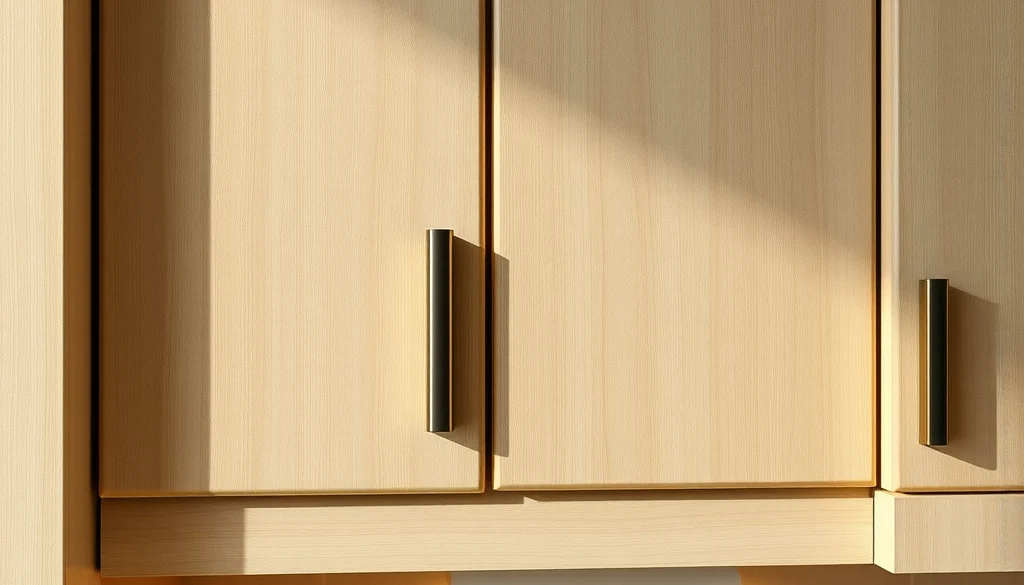 Detail material, gagang, engsel, dan pencahayaan pada kabinet dapur minimalis