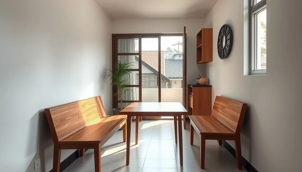 Dining bench menempel di dinding pada ruang makan kecil dengan jalur jalan lega