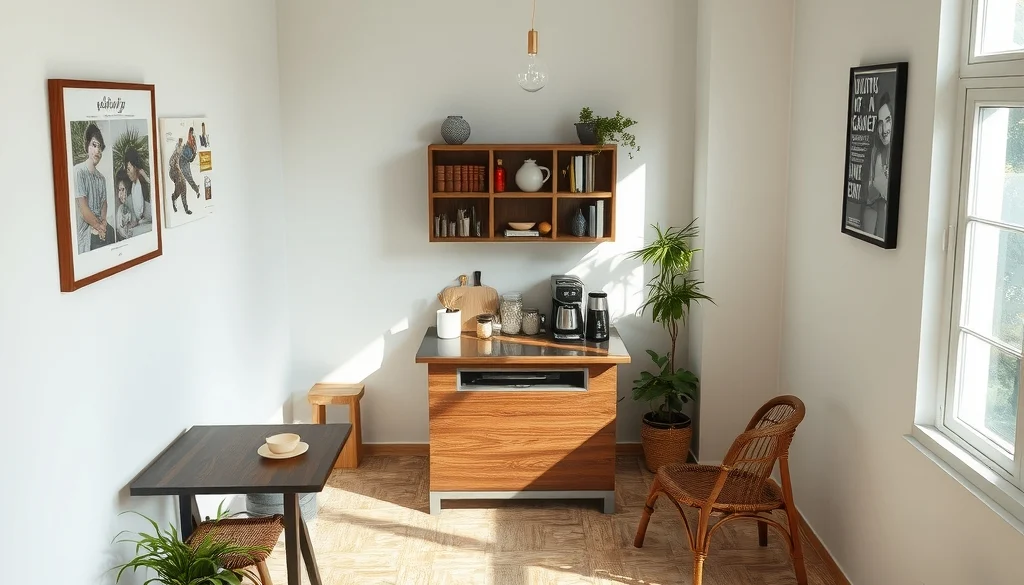 Coffee bar freestanding ditempatkan di sudut ruang makan dengan sirkulasi yang tetap lega