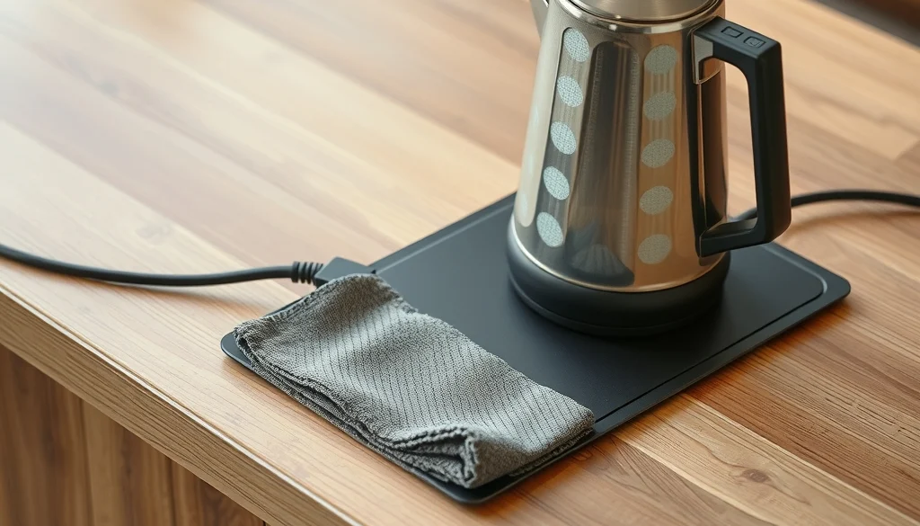 Detail meja coffee bar dengan tatakan ketel dan kabel yang tertata aman
